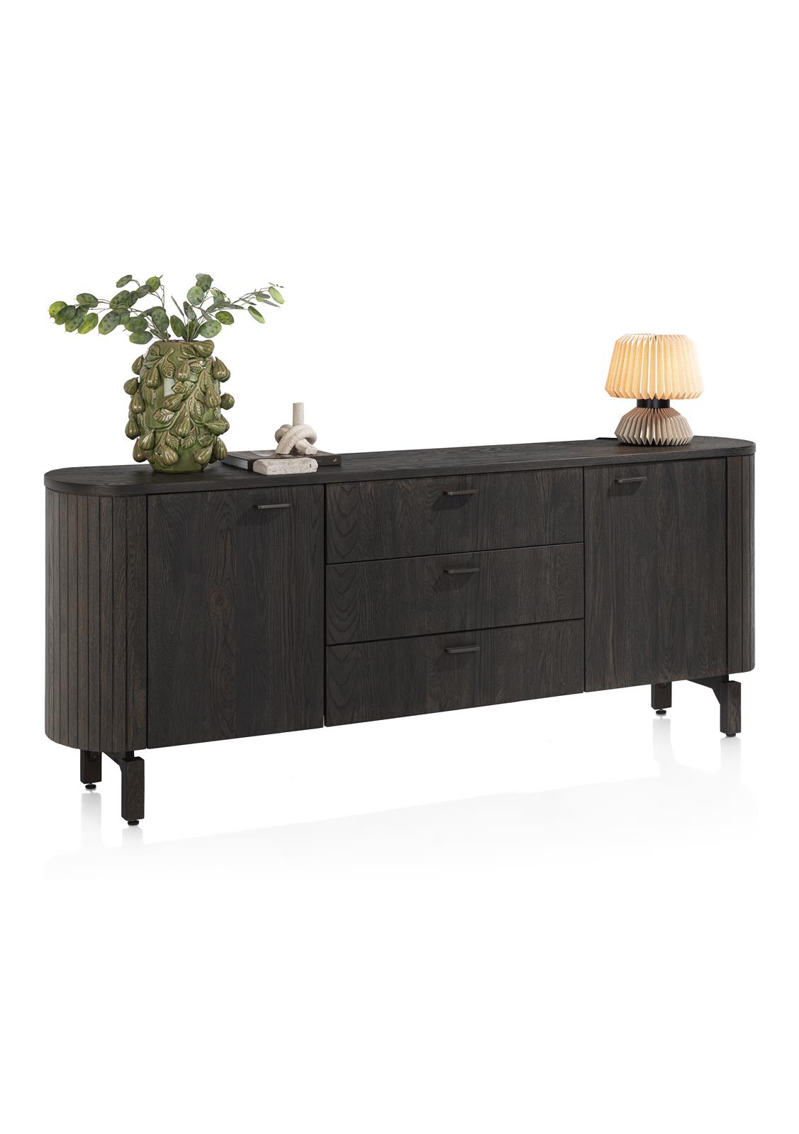 Henders & Hazel Sideboard RAVELLO ca. B220 H86 T42 cm in Eiche furniert basalt lackiert Henders & Hazel Sideboard RAVELLO ca. B220 H86 T42 cm in Eiche furniert basalt lackiert, Sideboard, Dunkes Holz, Schrank, Schubladen, Beine