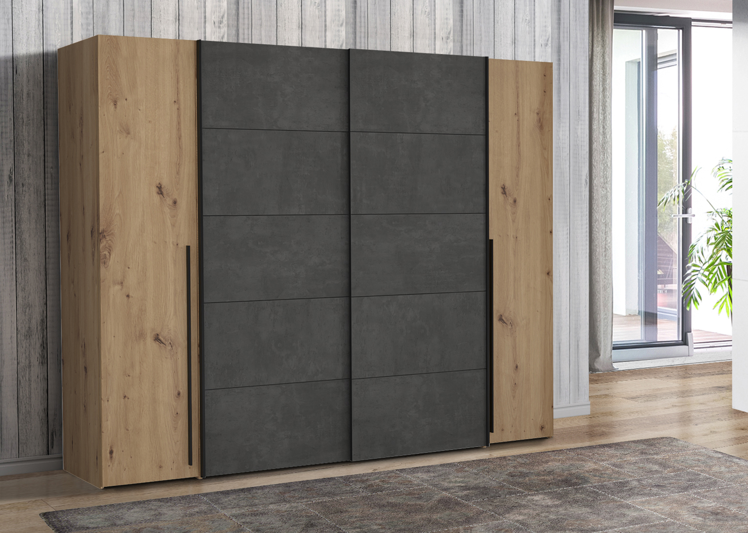 Forte Möbel Schwebetürenschrank NARAGO in Artisan Eiche/Betonoptik dunkelgrau