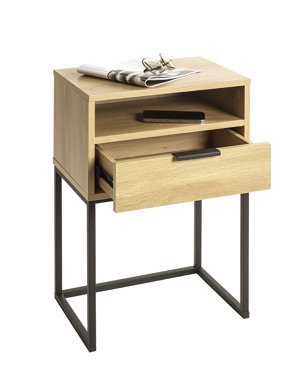 Haku Möbel Konsole MALMÖ 40D in Farbe Eiche natur, Schwarz, Nachttisch, Nachtkstand, Holz, Schublade, Metallrahmen