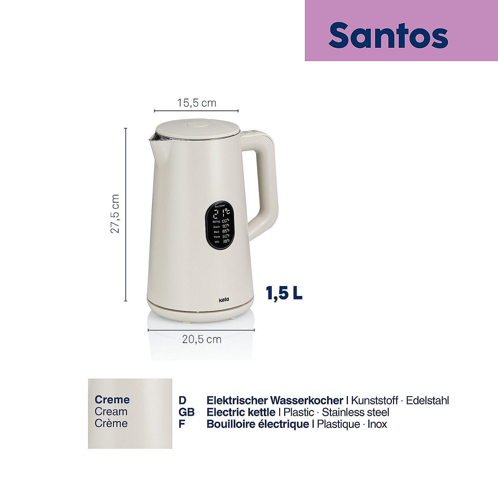 Kela Wasserkocher SANTOS in Farbe creme, Elektro-Wasserkocher, 1,5 L, Kunststoff, Edelstahl, Creme