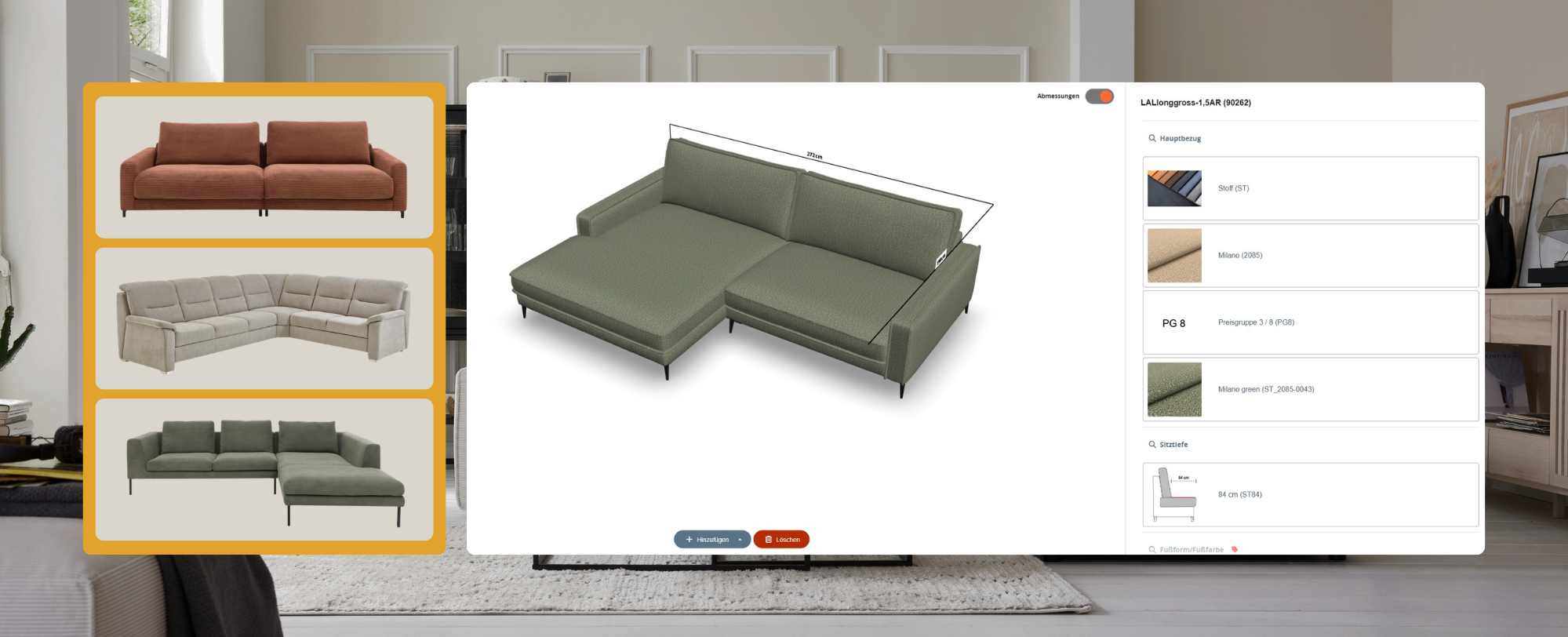 Sofa, Sectional, L-förmig, Olivgrün, Stoff