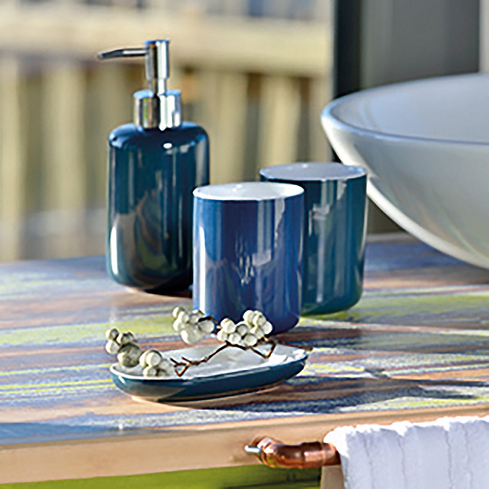Kela Seifenschale ISABELLA in Farbe indigoblau, Flasche, Sinken, Waschbeckenhahn, Kosmetik, Parfüm