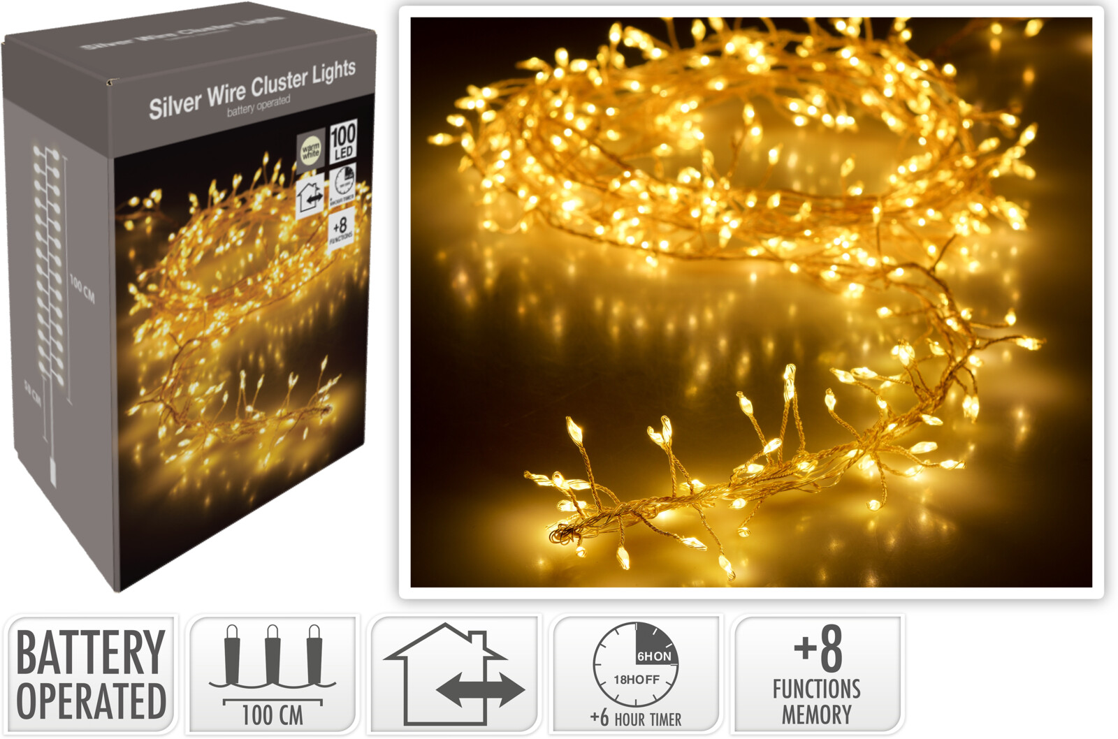 Silberdraht 100 LED WW IP44, Beleuchtung, Gold