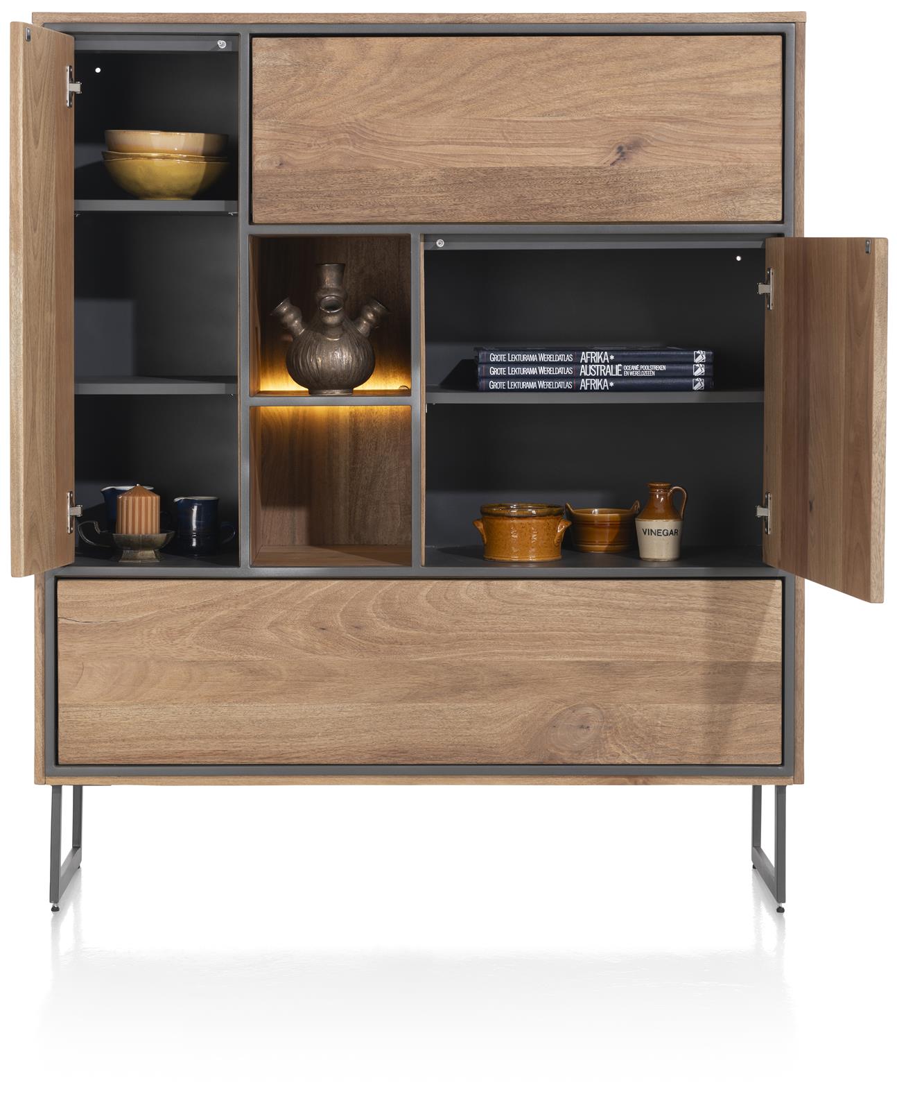 Henders & Hazel Highboard TRAPANI ca. B120 H140 T42 cm in Mango furniert smoked lack., Sideboard, Holzschrank, offene Regale, Schranktüren, Aufbewahrungseinheit