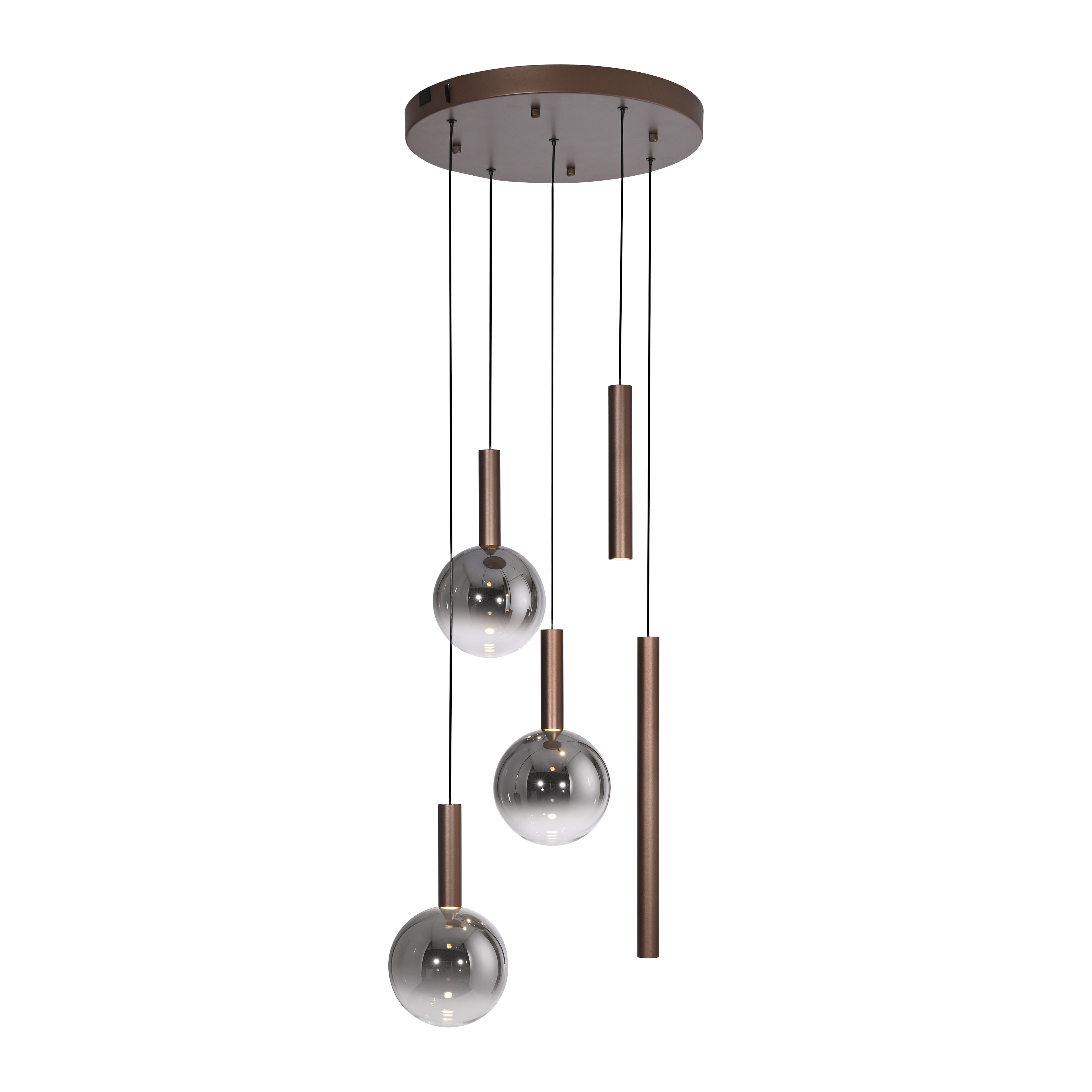 Paul Neuhaus LED-Pendelleuchte BOWL 5-flammig in Farbe braun, Pendelleuchte, Hängeleuchte, Glas Kugel, Metallakzente, Mehrfachlampe
