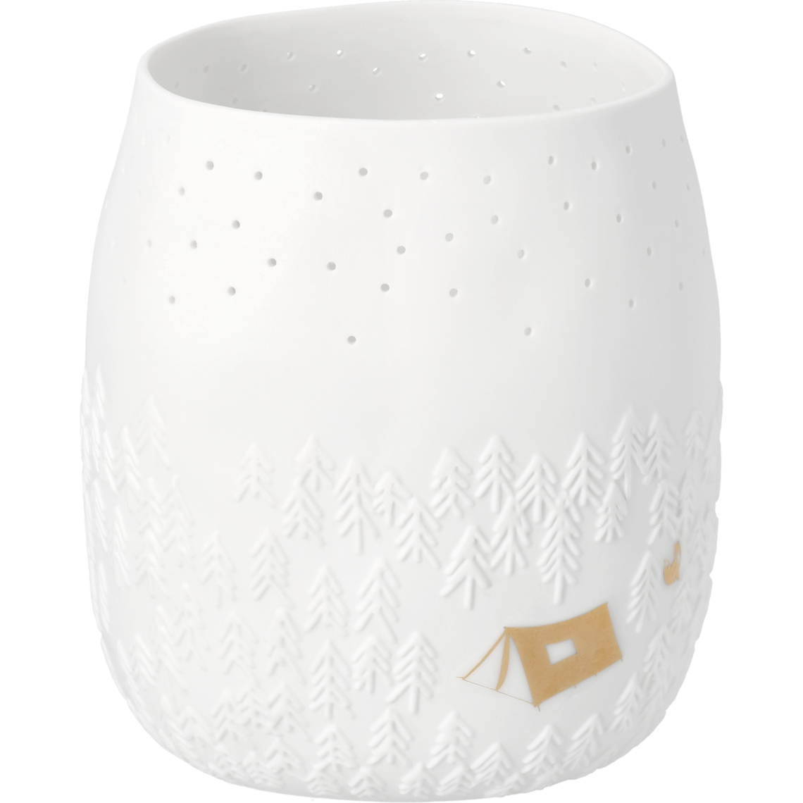 Räder Teelich "Sternklare Nacht" in Farbe weiß, ceramic cup, weiß, eingravierte bäume, punktierte struktur, camping motif