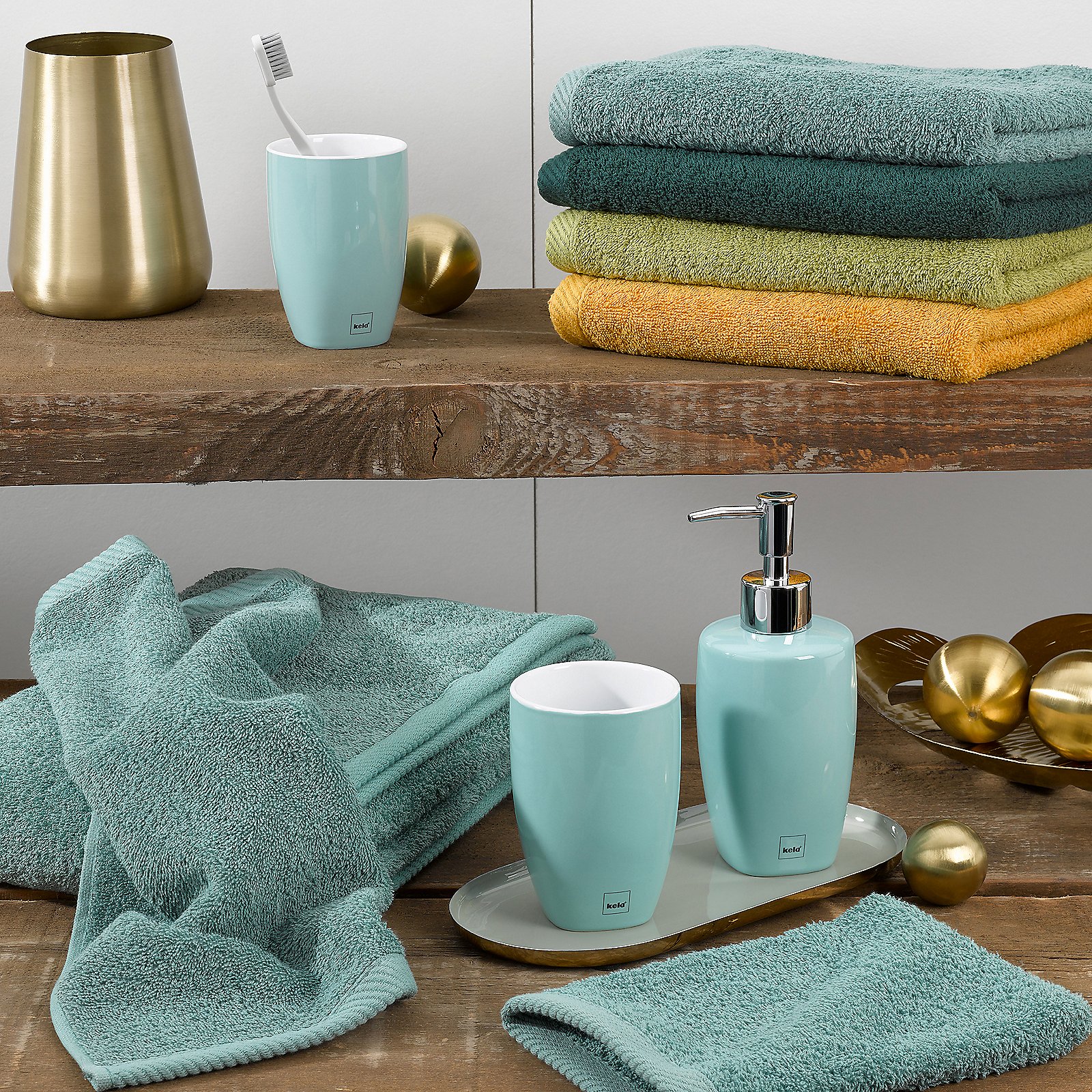 Kela Handtuch LADESSA in Farbe Blattgrün, Badezimmer-Set, Handtücher, Waschutensilien, Becher, Seifenspender