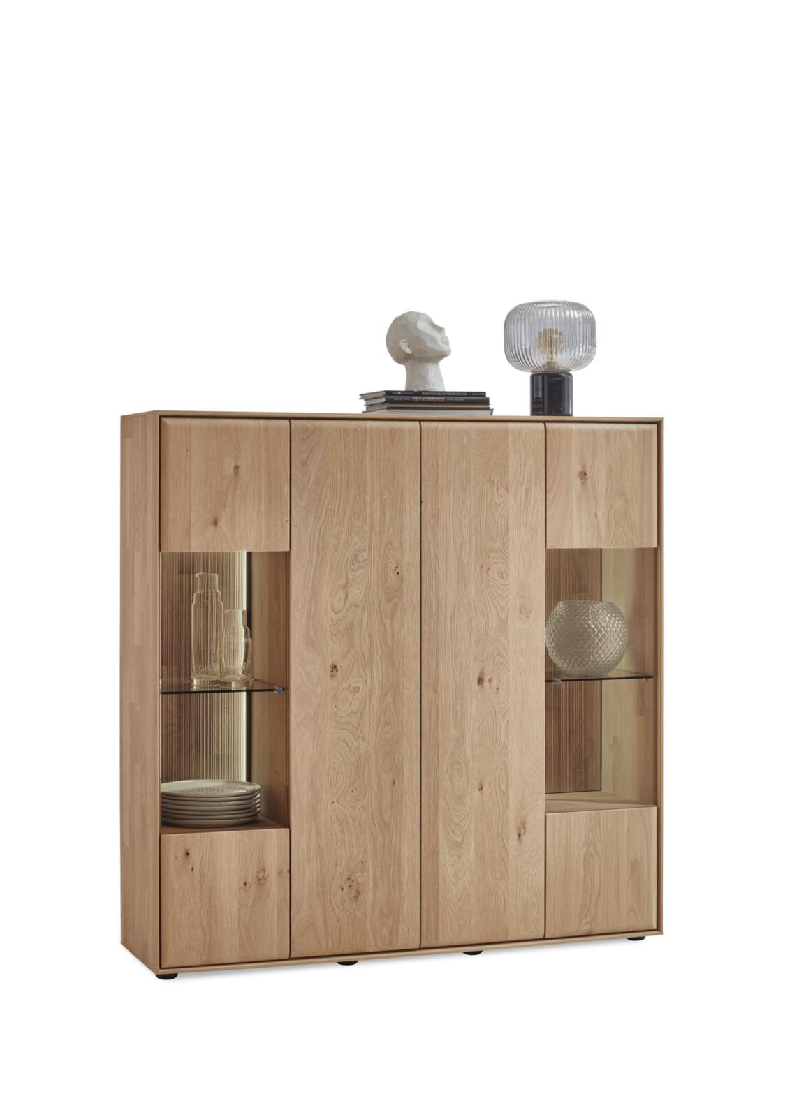 Highboard VALA in Kerneiche Natur, massiv, Wohnwand, Vitrinenschränk, Sideboard, Holz, Massivholz