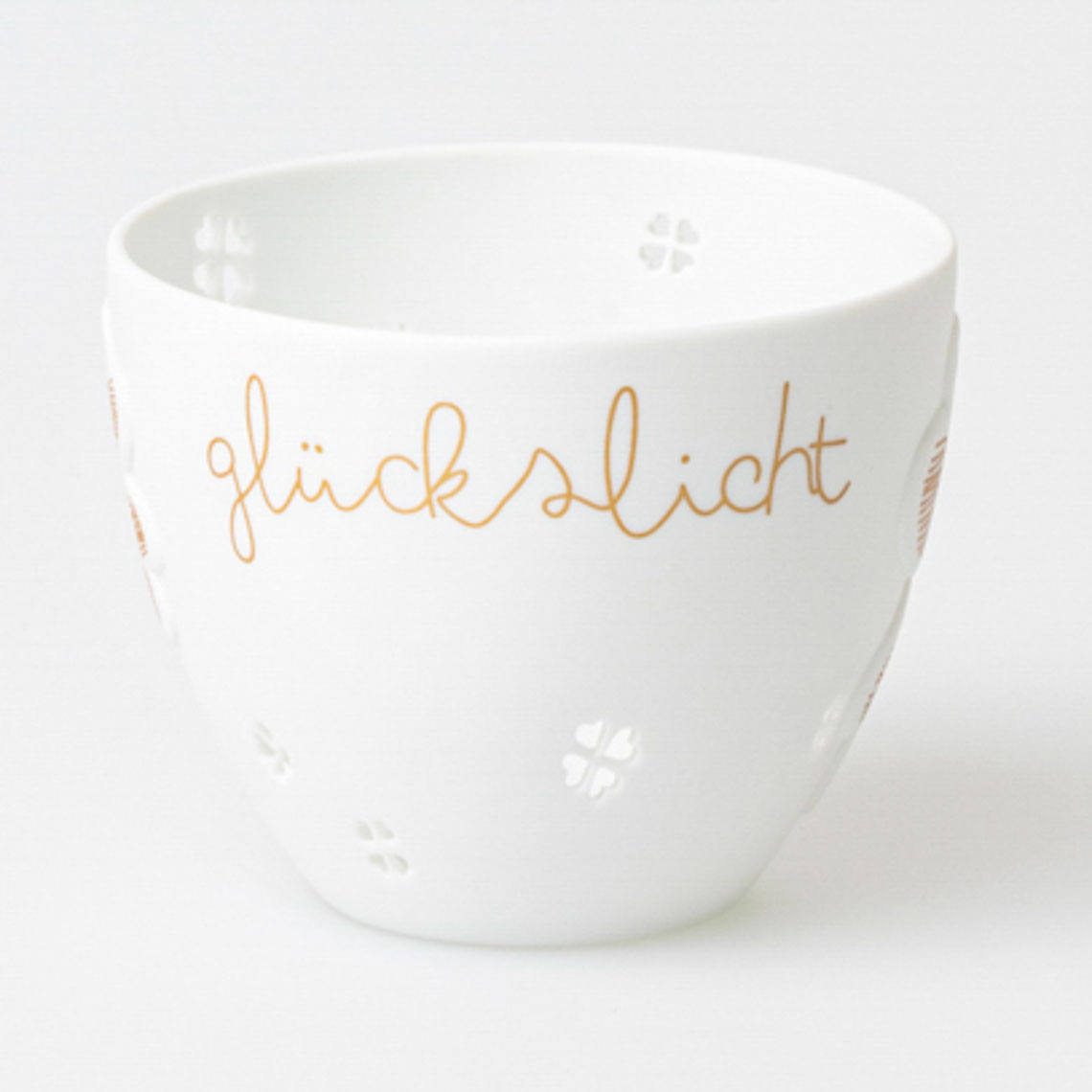 Poesielicht Glückslicht, PorzellanSchale, weiße Keramik, erhabenes Kleeblatt, orange Schrift, Becher