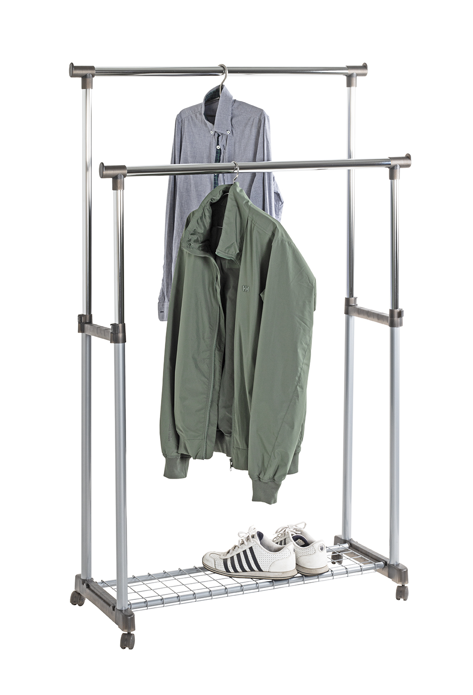 Haku Möbel Rollgarderobe DOUBLE in Farbe Alu, Chrom, Grau, Kleiderständer, Kleiderstange, Jacke, Hemd, Schuhe