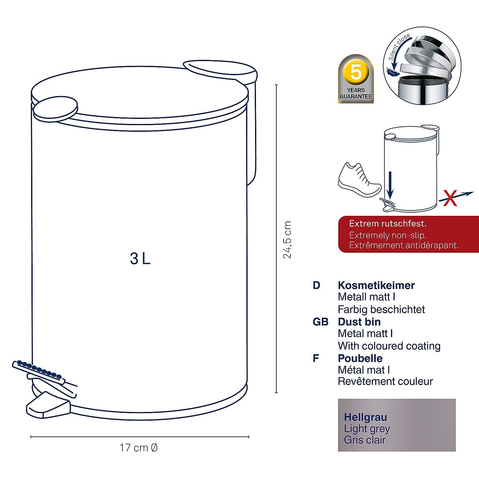 Kela Kosmetikeimer MATS in Farbe Hellgrau, Dustbin, Metall, Fußpedal, Schwingdeckel, 3 L, Dustbin, Metallisch, Beschichtung, 3 L, Fußpedal-Abfalleimer