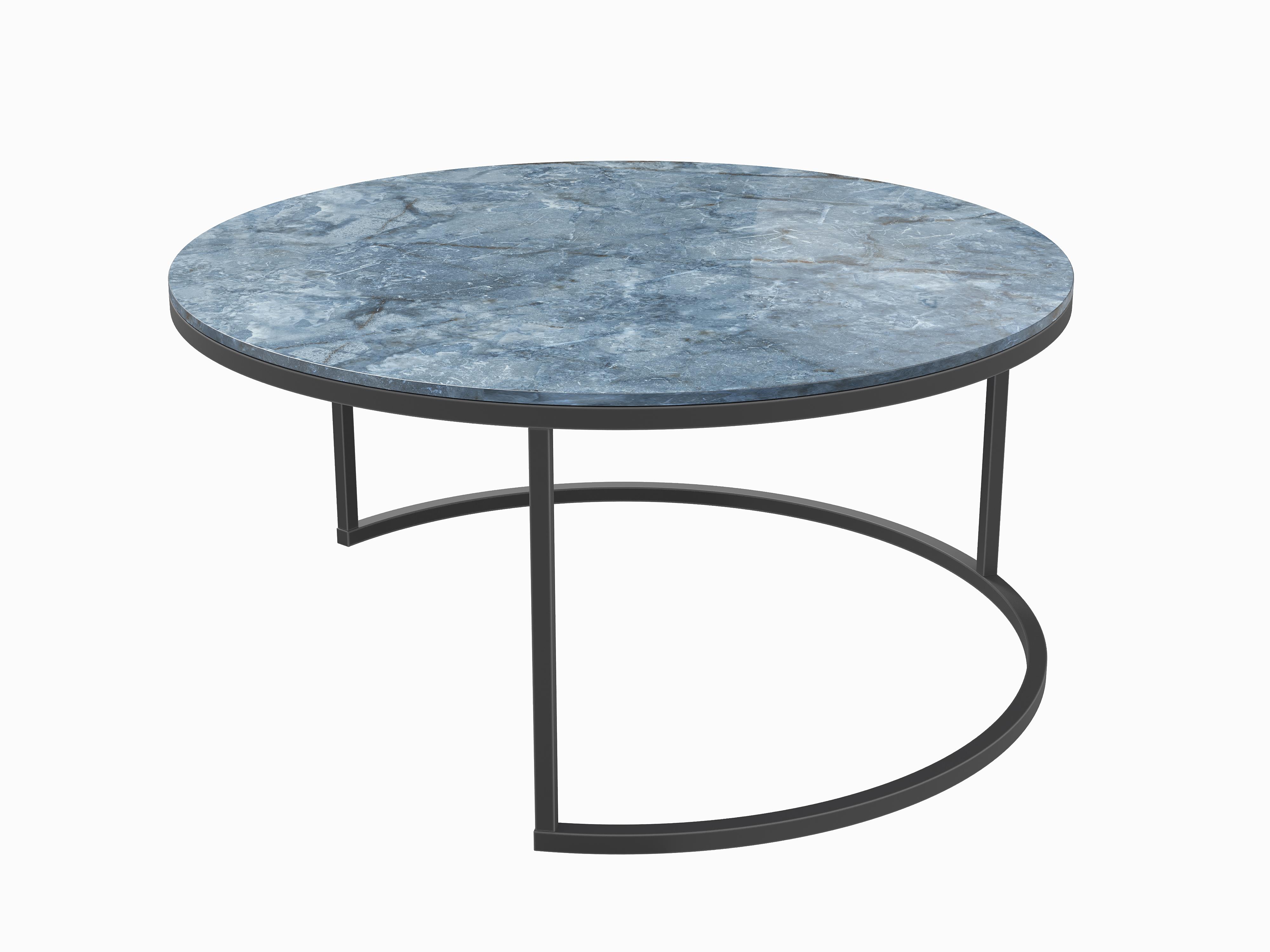 Couchtisch in Keramik Marmoroptik onyx blau, Tisch, Couchtisch, Marmoroberfläche, Metallgestell, runder Tisch
