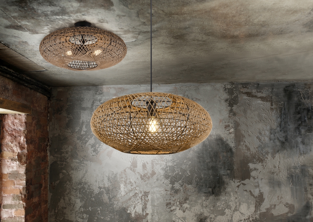 Trio Pendelleuchte HEDDA in schwarz matt, Sisal naturbelassen