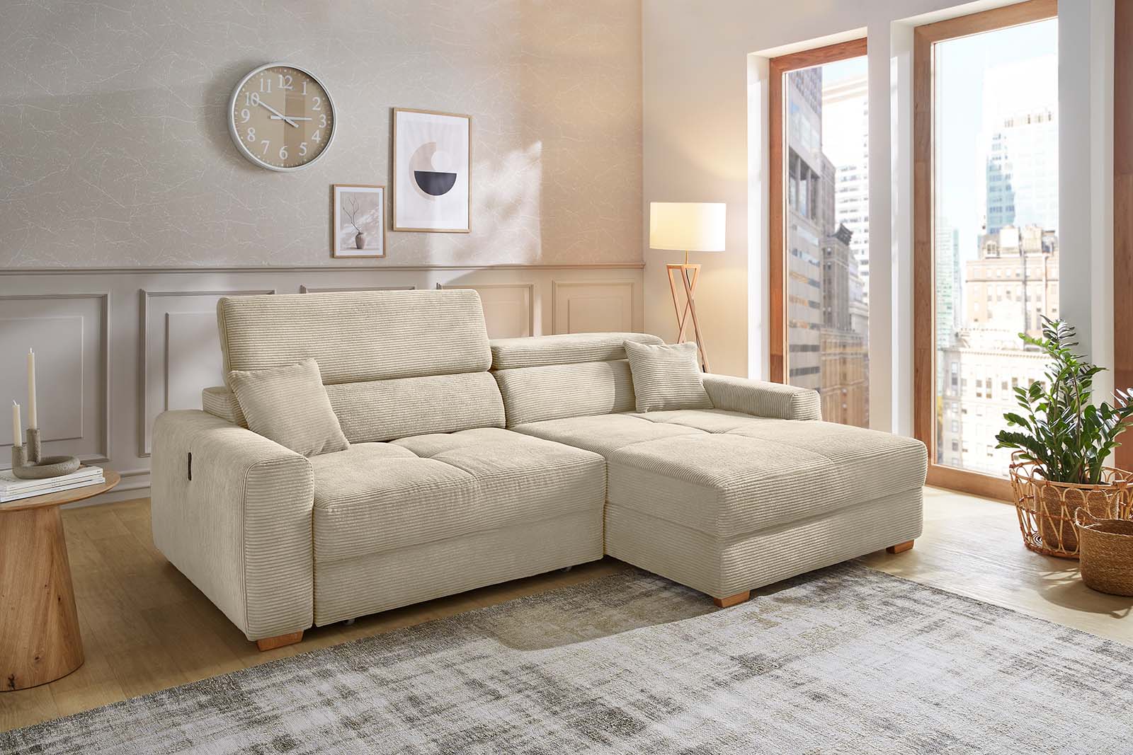 JOB Wohnlandschaft SLIDER ca. 277x187cm in Stoff Cord light greige, Moebel, Inneneinrichtung, Couch, Kissen, Pflanze