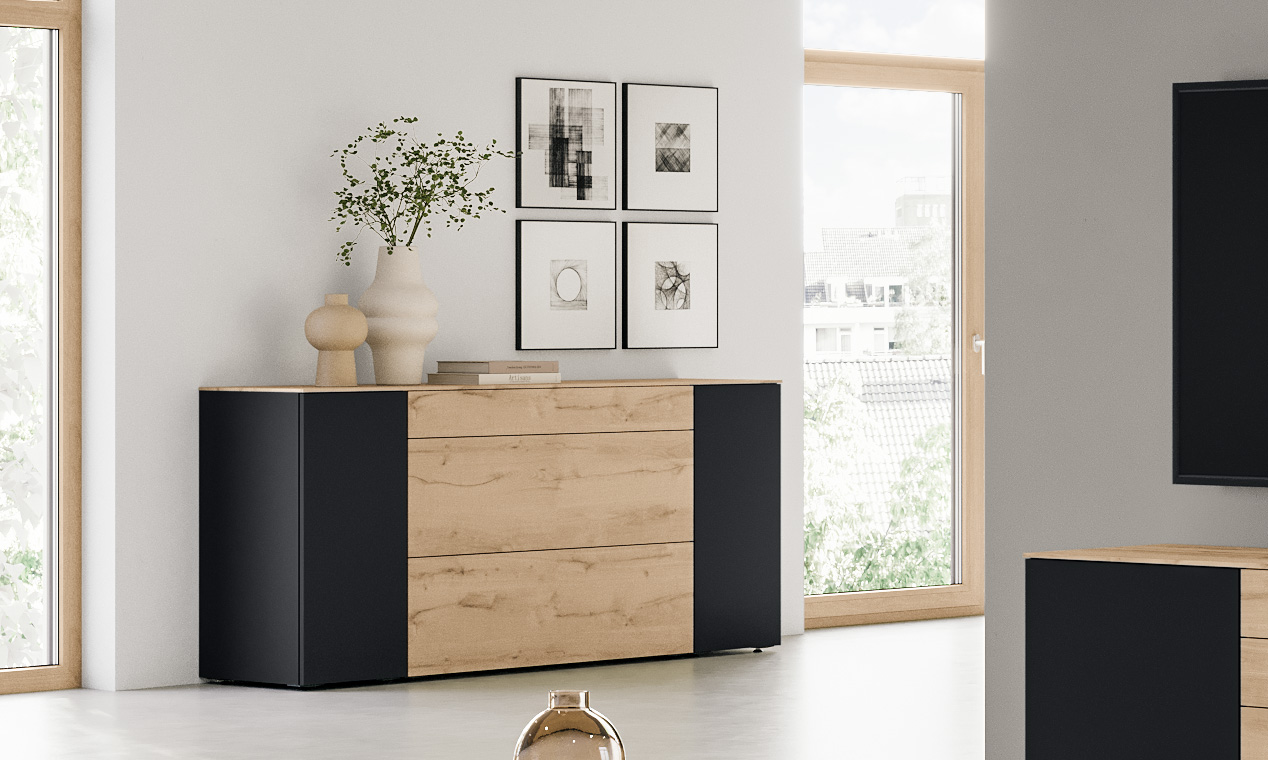 Nobilia Sideboard 357 Senso Avala, sideboard, dresser, Holzoberteil, schwarze Elemente, moderner Stil