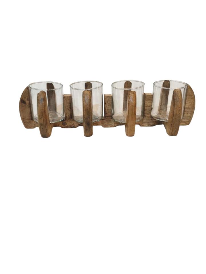 Kerzenhalter Holz natuzr mit Glaseinsätzen, Teelichthalter, Holzhalter, Glasgefäße, Naturholz, Vierflammig