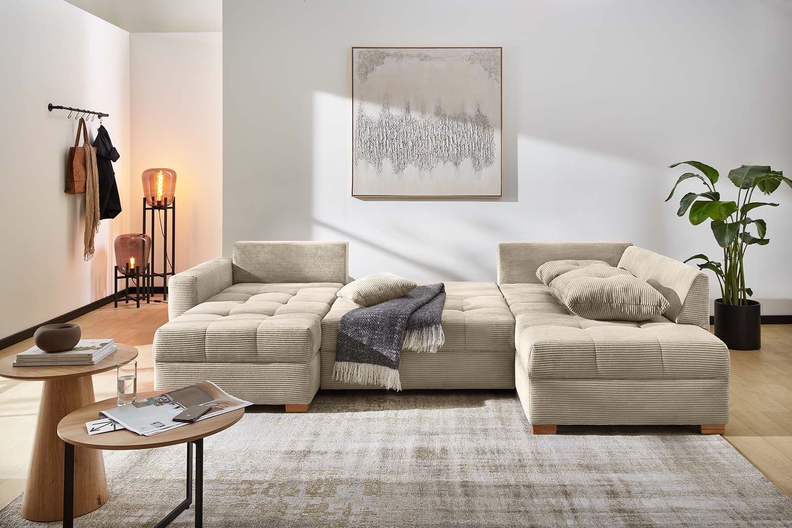 JOB Wohnlandschaft ABBY ca. 170x313x200cm in Dessin Cord light greige, Dekoration für Zuhause, Mobiliar, Couch, Gemälde, Handtasche, Dekoration für Zuhause, Mobiliar, Couch, Gemälde, Handtasche