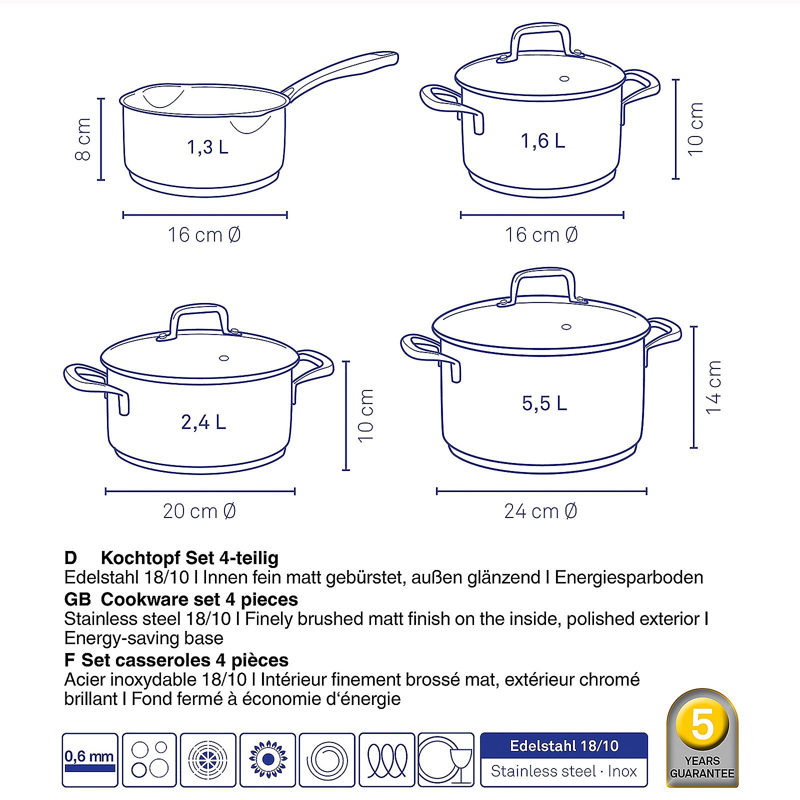 Kela Kochtopf-set FLAVORIA in Farbe Silber Glänzend, Topfset, Kochgeschirr, Edelstahl, induktionsgeeignet, Viererteile set, Edelstahltopf, Auflauf, Kochgeschirr-Set, Induktionsgeeignet, Deckel