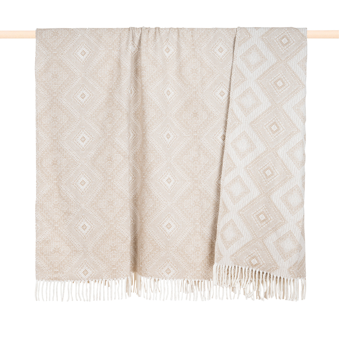 Decke 150x200 cm, Pläd, Gewebe, Fransen, Gemustert, Beige