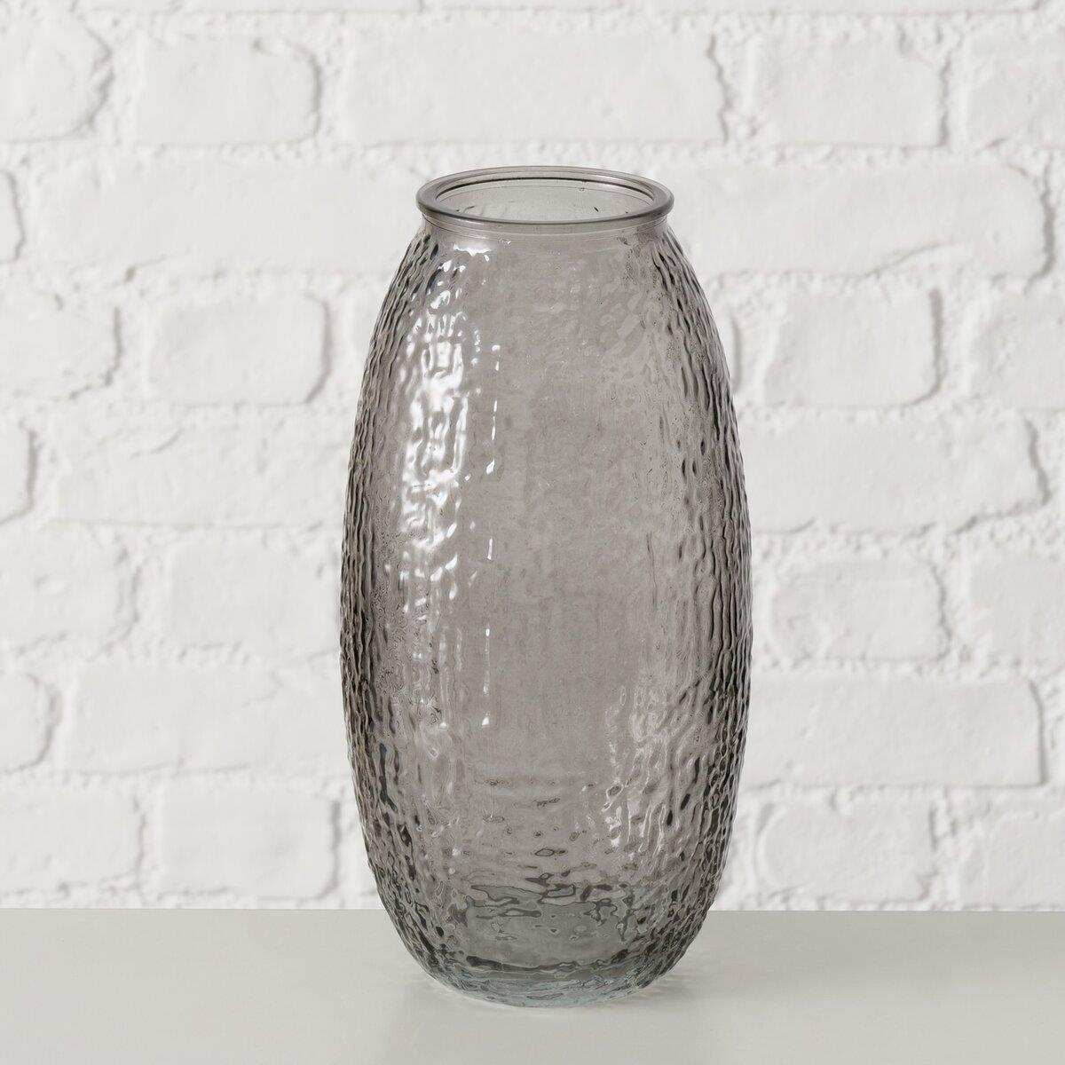 Boltze Vase Rifla, Glasvase, Rauchglas, Strukturierte Oberfläche, Graues Glas, Ovale Form