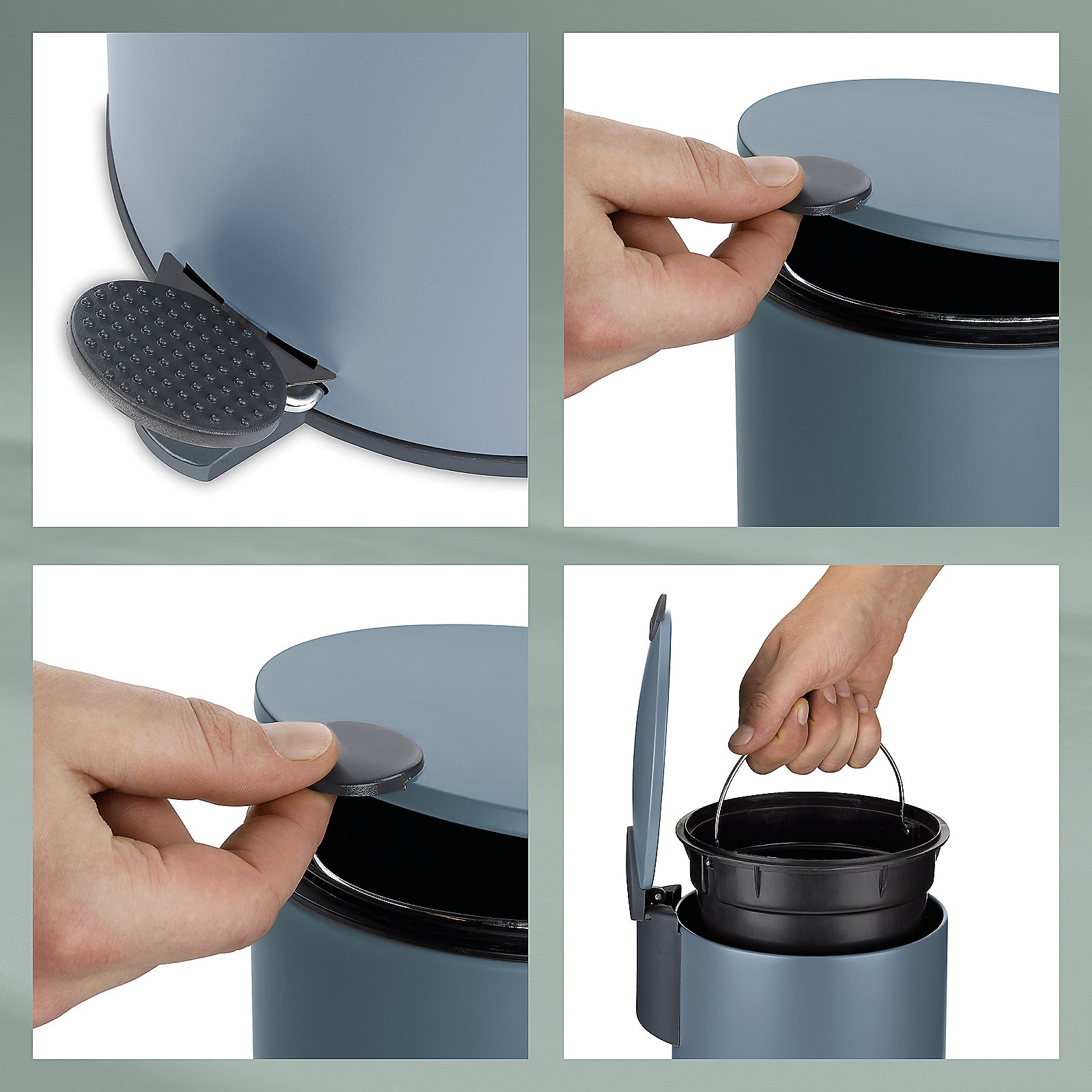 Kela Kosmetikeimer MATS in Farbe rauchblau, Abfalleimer, Pedalmechanismus, Deckel, Griff, Rundform