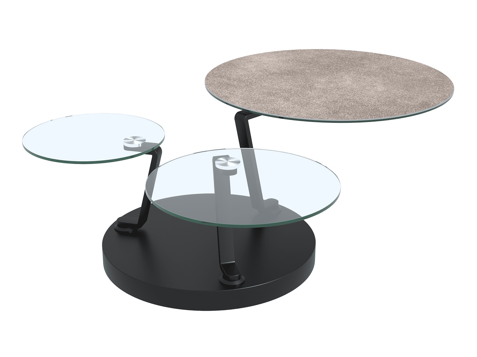 Couchtisch BOUSSOLE in Zementgrau, Beistelltisch, Tischplatte Glas, Metallgestell, runder Tisch, 3-Tier-Tisch