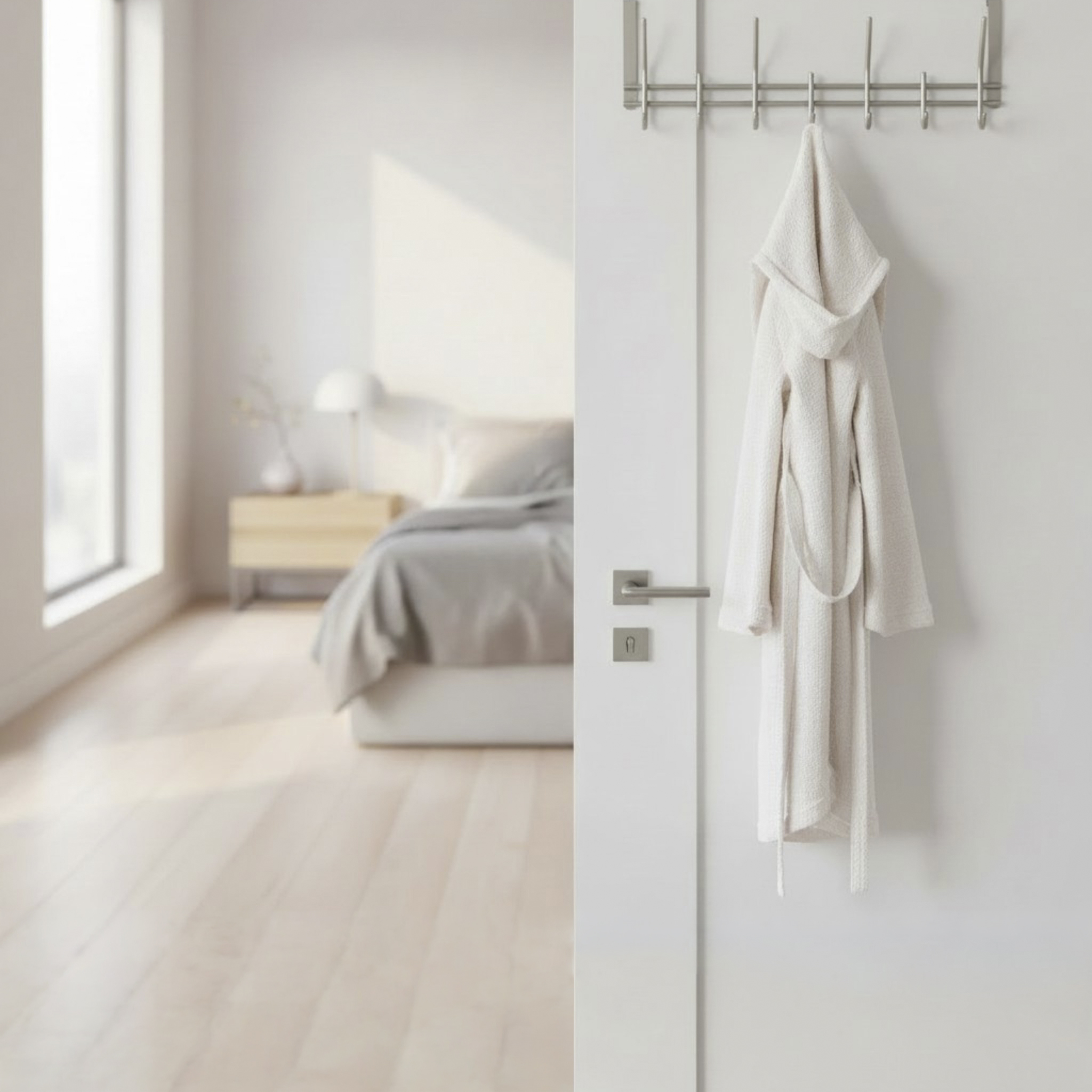 Türgarderobenleiste in Silber / Metall, Bademantel, Weiß, Kleidungshänger, Garderobe, Bademantel, Baderobe, Handtuchmantel, Weißer Mantel, Kuscheltuch, Hänge Mantel