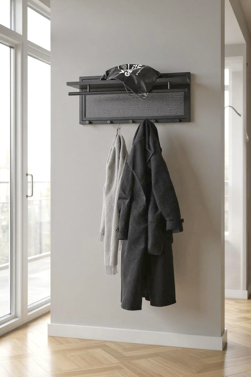 Wandgarderobe in Schwarz, wandgarderobe, hängeschrank, mantel, jacke, schal, Garderobe, Mantel, Hakenleiste, Jacke, Schal