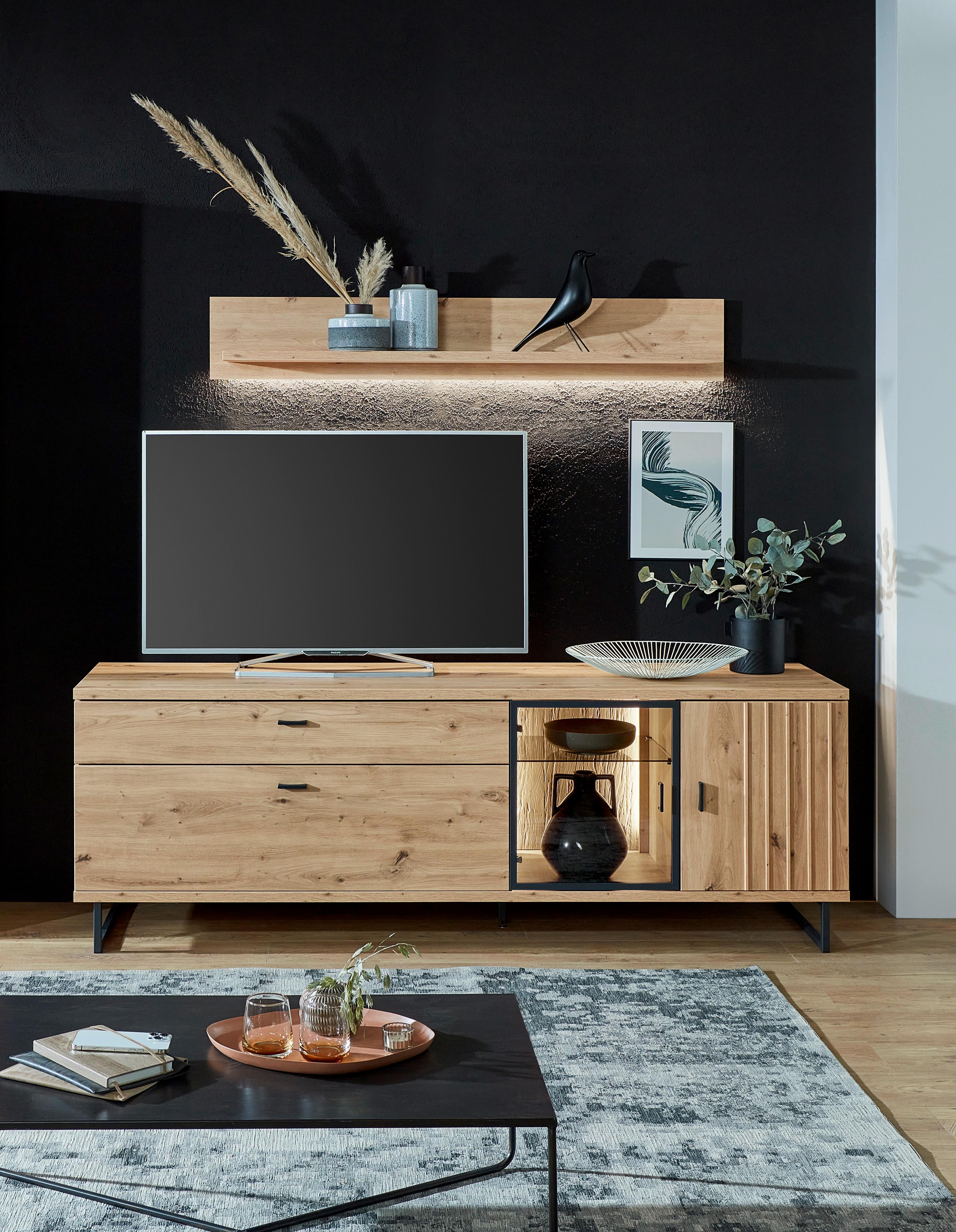 TV-Unterteil BINZ in Holzfarben, TV-Konsole, Wohnzimmermöbel, Eiche-Holz, Vitrine aus Glas, Dekoschale