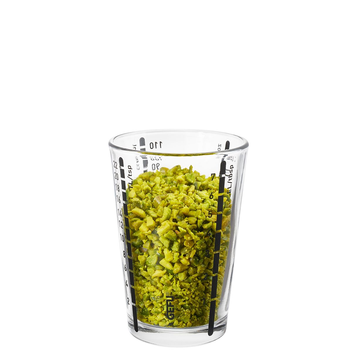GEFU Messbecher MESSI in Farbe transparent, glas, shotglas, grün, gehackte-nüsse, maßangabe