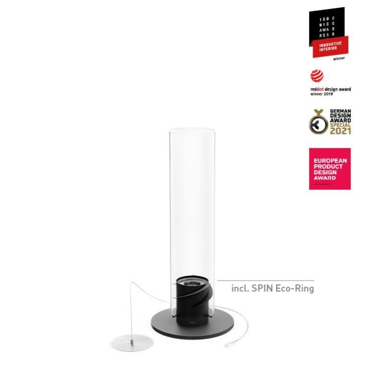 Tischfeuer SPIN 900 in schwarz H40,5cm, uhr, lampe, glaskolonne, eco-ring, designpreis