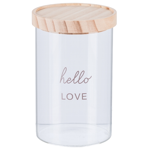 Glas Gefäß m.Holz lid HELLO 4424013-00 in Transparent, Glasbehälter, Aufbewahrungsglas, Holzdeckel, transluzentes Glas, hello love Schrift
