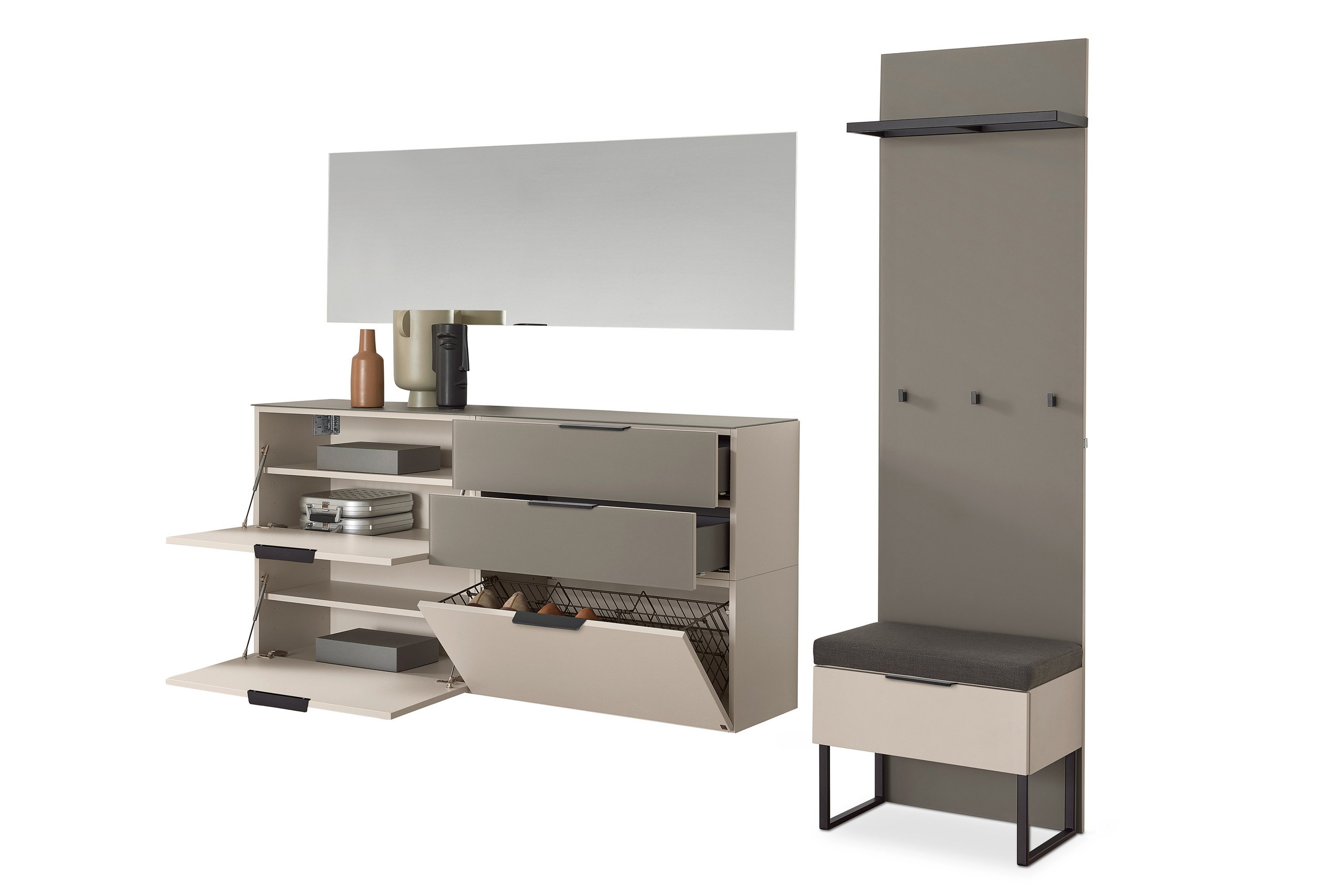 Musterring Garderobenkombination OVIDA ca. B240 H202 T40 cm in Cotton dekor, Wohnwand, Kommode, Schuhaufbewahrung, Garderobe, Spiegel