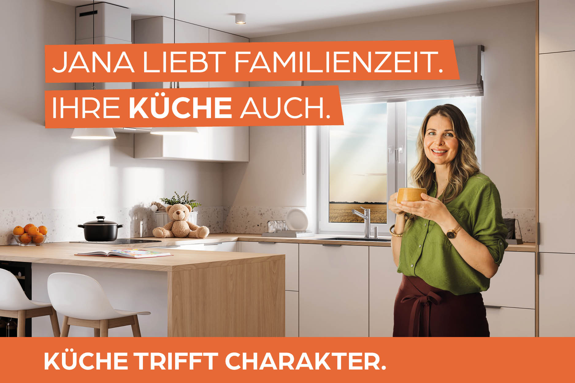 küche, kücheninterieur, frau, tasse, oranges banner