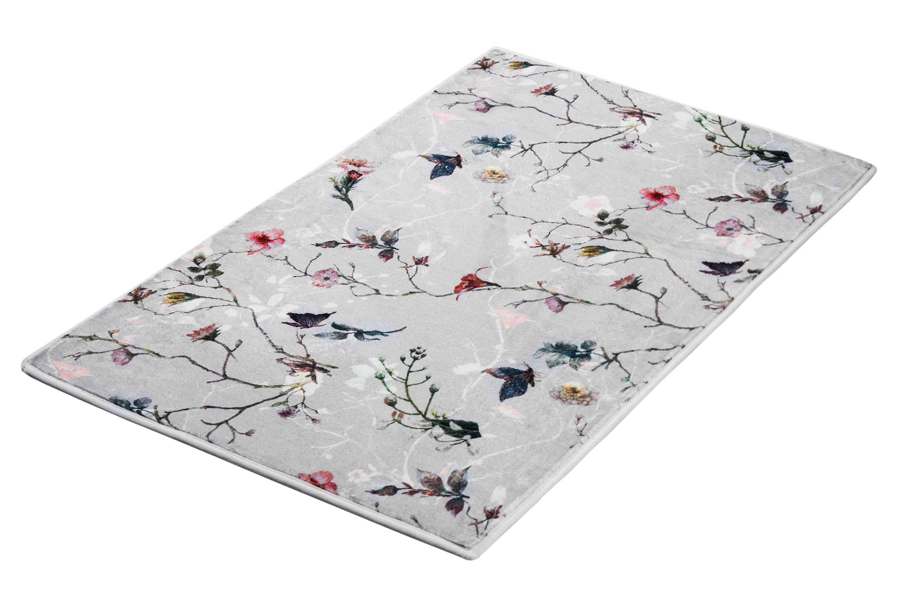 Kleine Wolke Badteppich FLORES ca. 70x120cm in Farbe Multicolor Kleine Wolke Badteppich FLORES ca. 70x120cm in Farbe Multicolor, Teppich, Floral, Vlies, Blumenmuster, Grau, Bereichsteppich, Blumiges Muster, Grau Hintergrund, Abstrakte Zweige, Weiche Textur