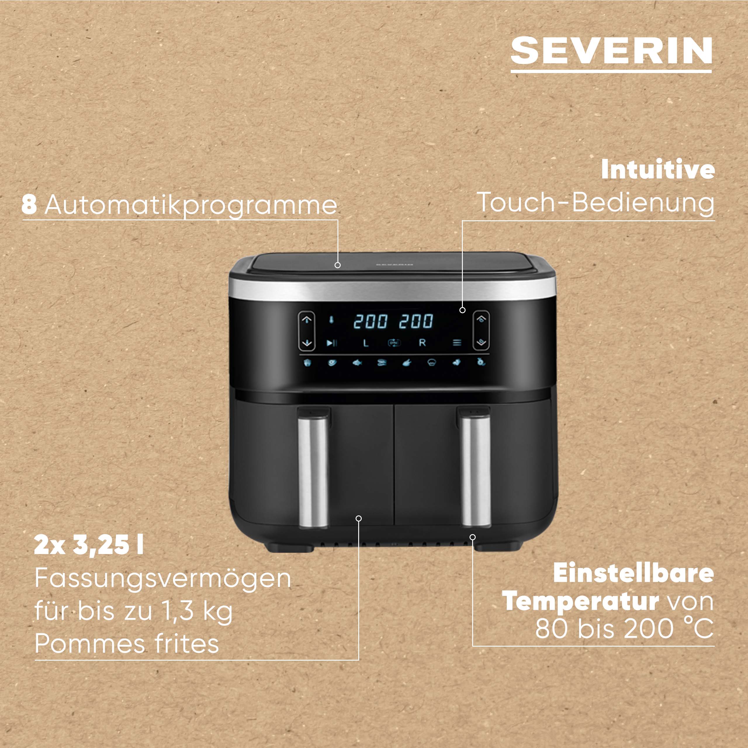 Severin Doppelheißluftfriteuse FR 2453 in schwarz/silber Doppelheißluftfriteuse 31,5 x 36,5 x 33,5 in 2850W, 2x4L schwarz/silber