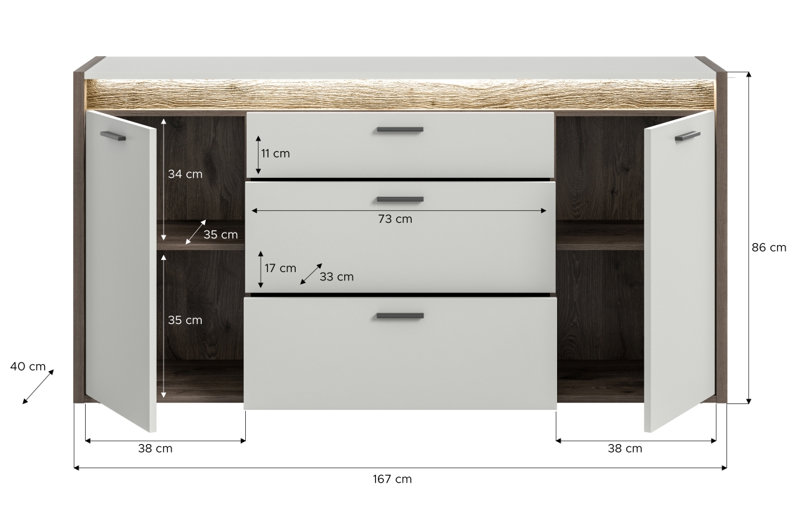 Xonox Home Sideboard FALCONA in Front/Korpus hellgrau / Absetzung Nox Oak dunkel Nachbildung