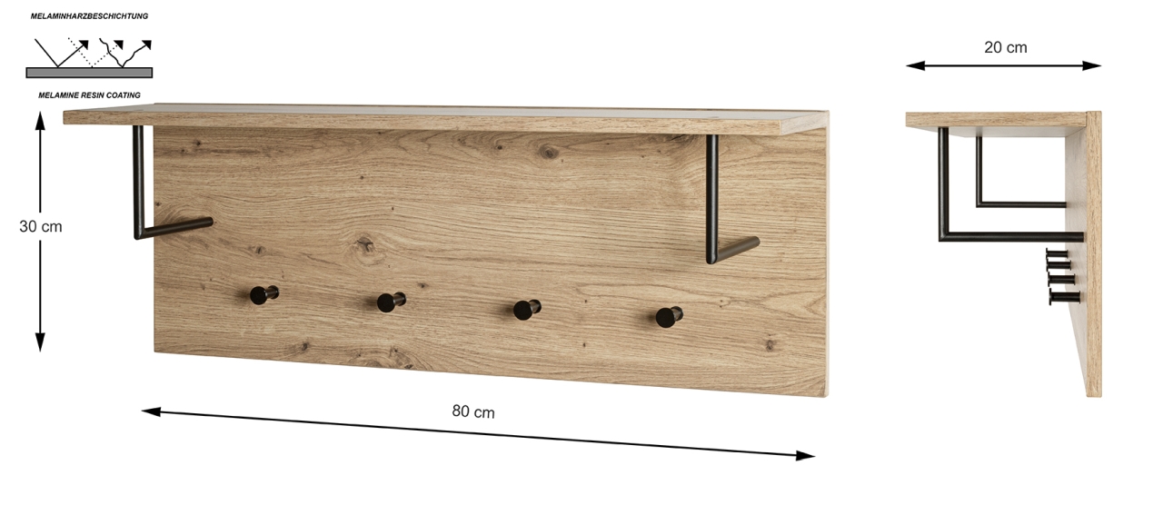 Haku Möbel Wandgarderobe PARMA in MDF Artisan Eiche Nb., Moebel, Schublade, Kabinett, Anrichte, Holz