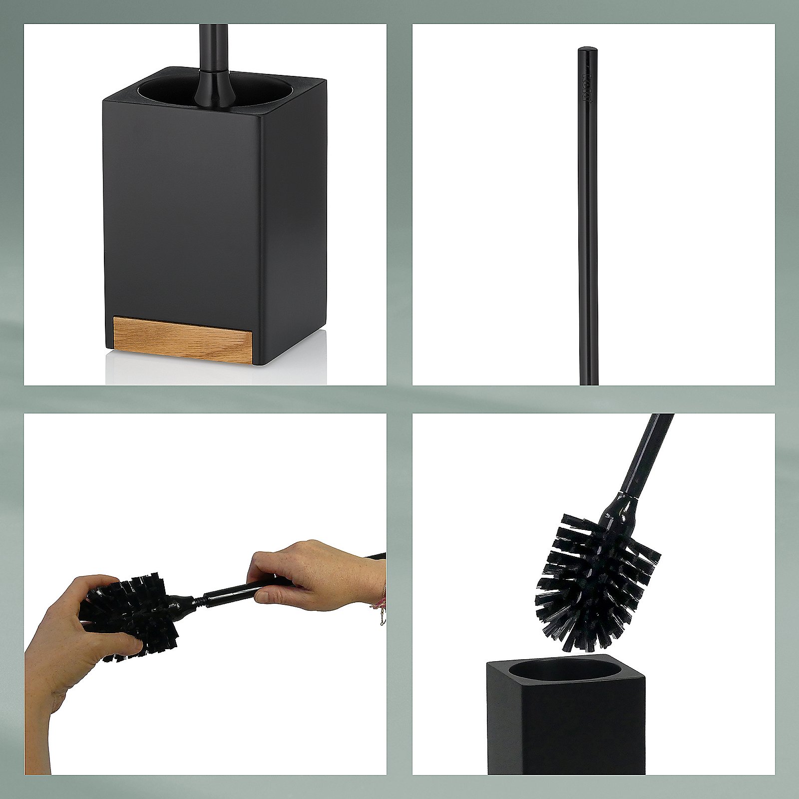 Kela WC-Garnitur Cube CUBE in Schwarz, Toilettenpinsel, Pinselhalter, schwarz, Holzdetail, Reinigungsset, Toilettenbürstenhalter, Bürstenkopf, Schwarz, Holzeinlage, Reinigungs-Set