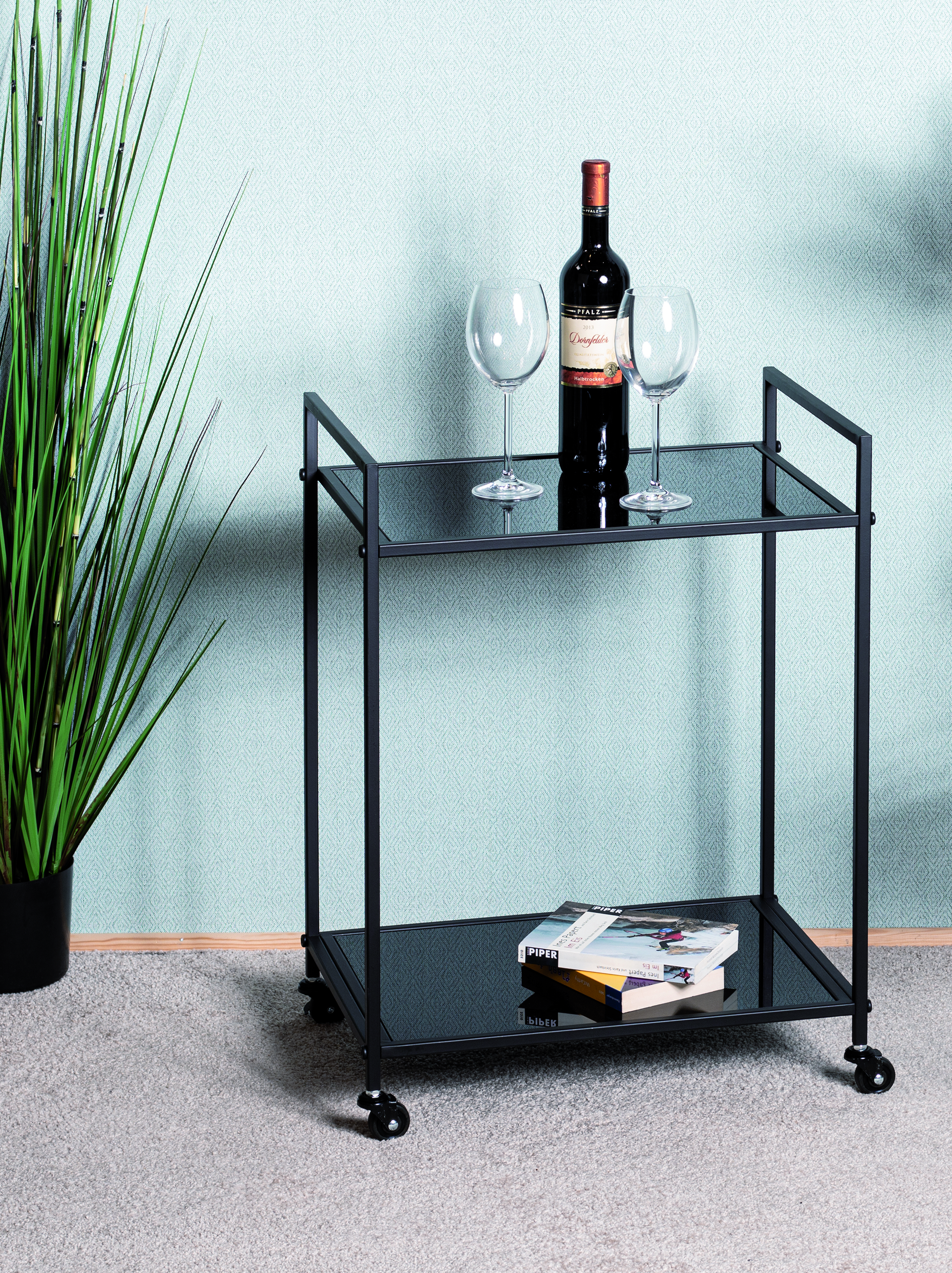Haku Möbel Servierwagen MELBOURNE 2 aus Sicherheitsglas schwarz/Gestell Stahlrohr schwarz