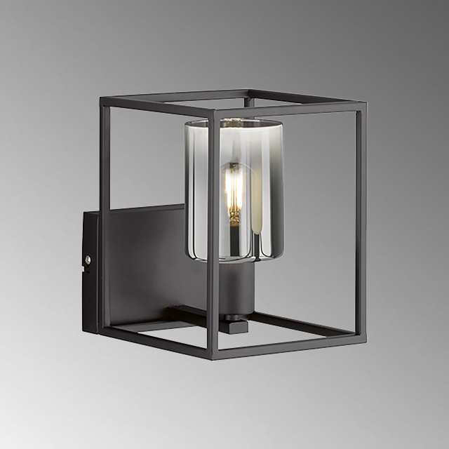 Fischer & Honsel Wandleuchte ISKA in Metall sandschwarz/Glas rauchfarbig zu klar