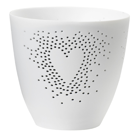 Poesielicht HERZ in Farbe weiß, keramikbecher, herzmotif, löchermuster, weißer becher, tassenkörper