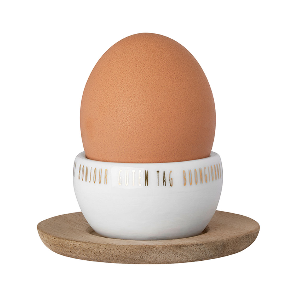 Eierbecher GUTEN APPETIT in Farbe weiß, Ei, Eierbecher, Halter, Holzunterlage, Keramikhalter