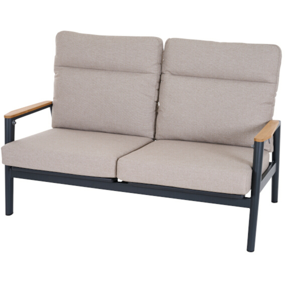 Lounge-Bank 2-sitzig CORTINA ca.B150 H97 T81 cm in Aluminium matt anthrazit, Wohnzimmersofa, Zweisitzer, Beige, Kissen, Holzarmlehnen