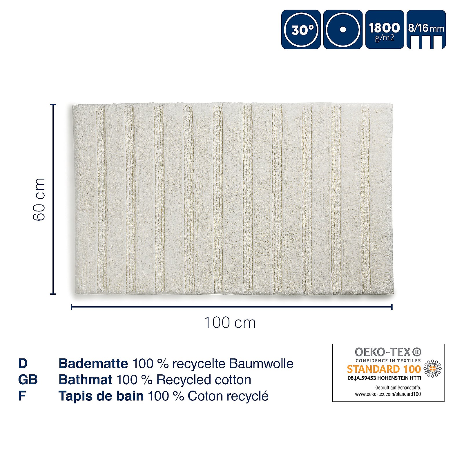 Kela  Badematte MEGAN in Farbe silbergrau, Badmatte, Baumwolle, Recycelte Baumwolle, Teppich, Streifen