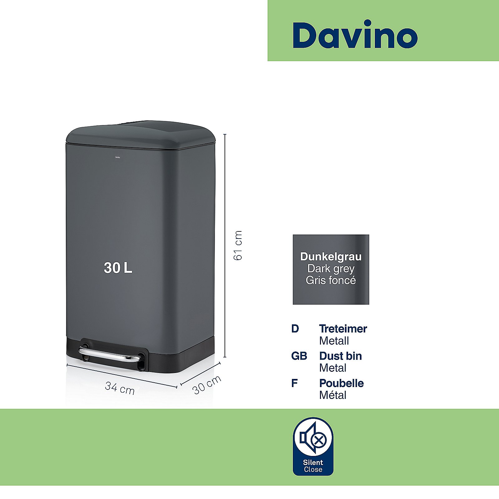 Keck & Lang Treteimer DAVINO ca. B30,5 H61 T34 cm in dunkelgrau, H:61cm, 30L