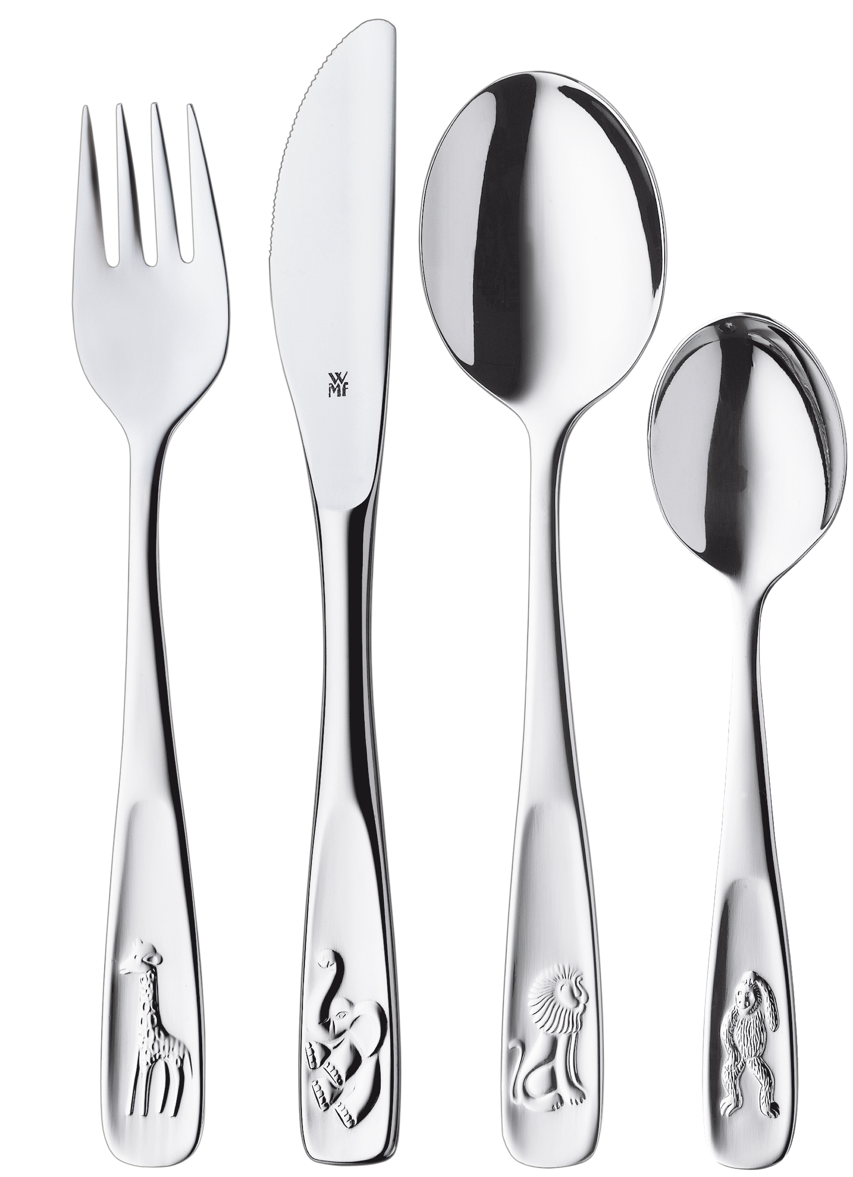 WMF Kinderbesteck-Set Tiere, 4-teilig in poliertem Edelstahl WMF Kinderbesteck-Set Tiere, 4-teilig in poliertem Edelstahl
