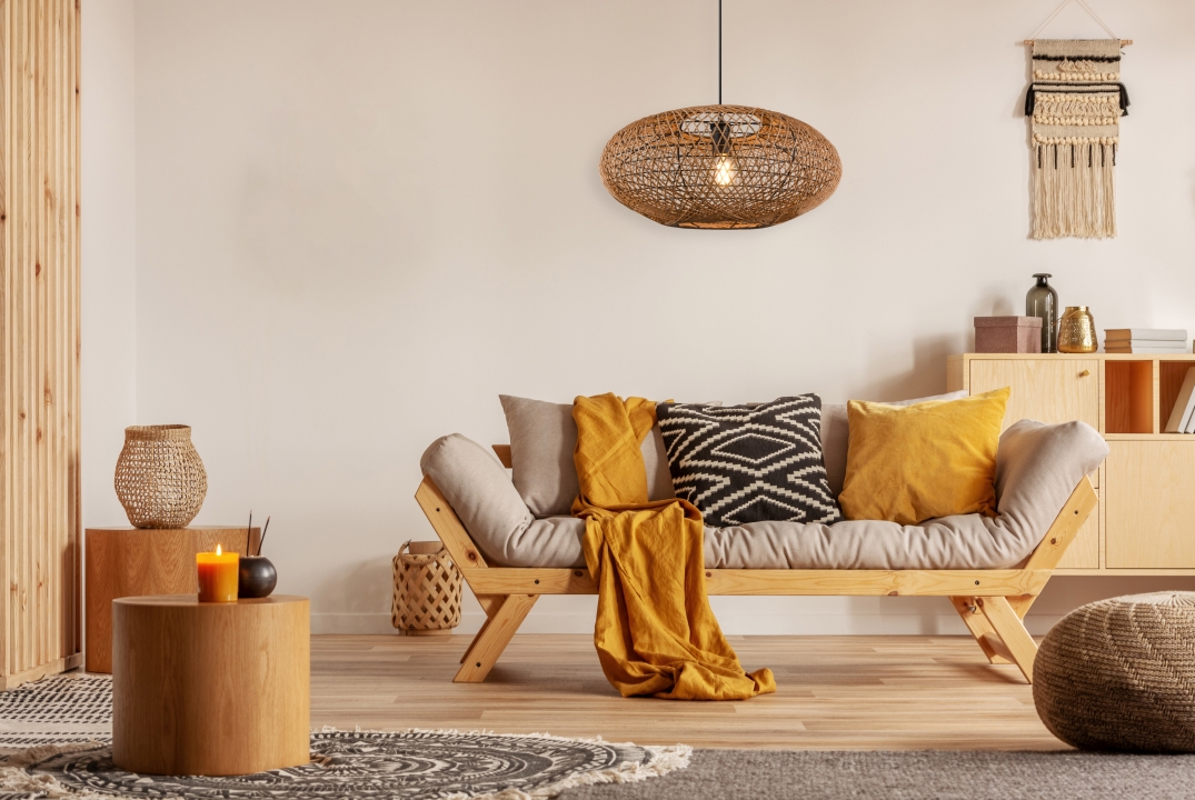 Trio Pendelleuchte HEDDA in schwarz matt, Sisal naturbelassen