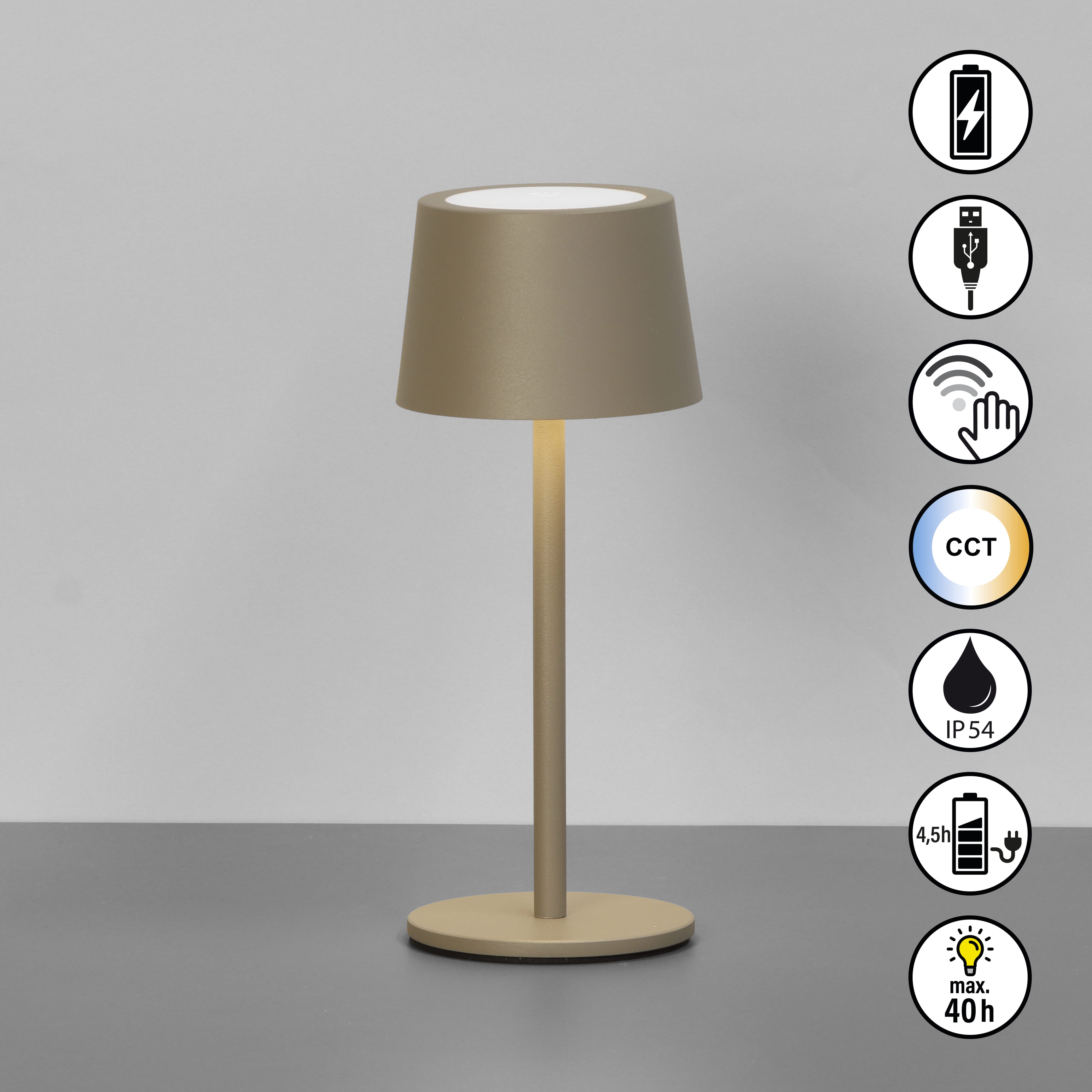FH Lighting Tischleuchte BELLUNO in dark greige, Akku, USB-Kabel