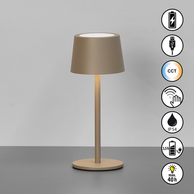 FH Lighting Tischleuchte BELLUNO in dark greige, Akku, USB-Kabel, Tischlampe, Stehlampe, Beige, Holz, Rundfuß